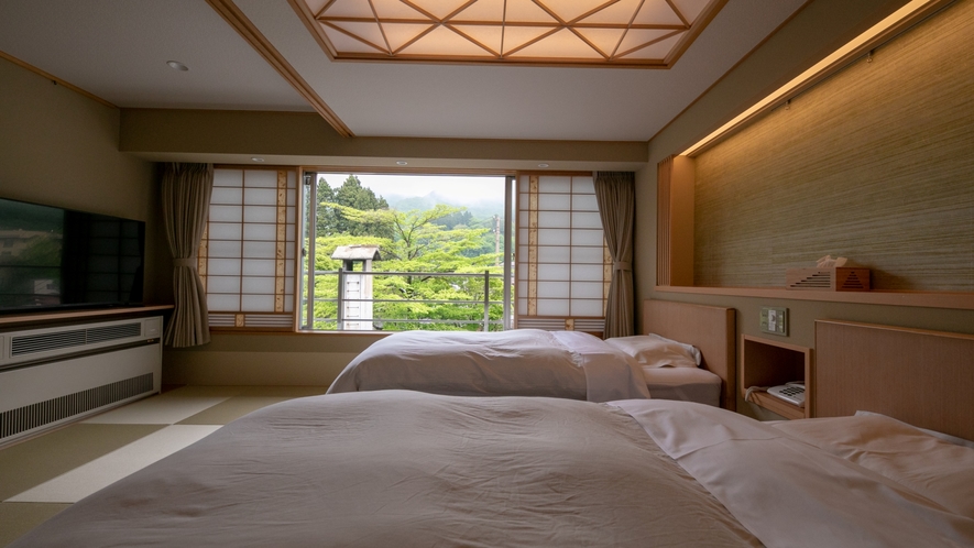 【和モダンツインベッド 】寝心地にこだわったフランスベッド製マットレスのシングルベッド２台をご用意。