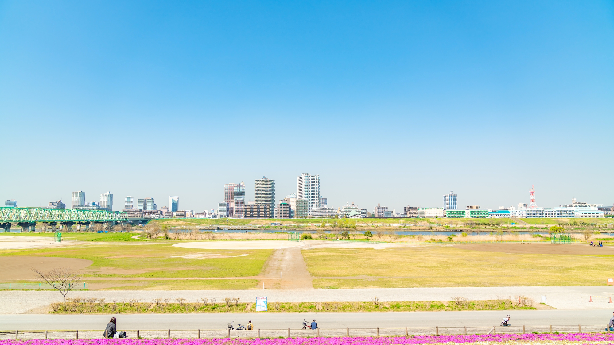 【当館から徒歩で14分】赤羽桜堤緑地：荒川沿いの桜並木で、春には花見が楽しめる