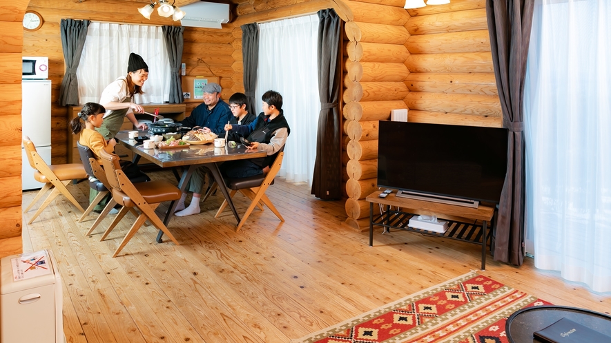 *【ログハウス】丸太で出来たおうちで食べるお鍋は、普段と違った温かみを感じられます♪