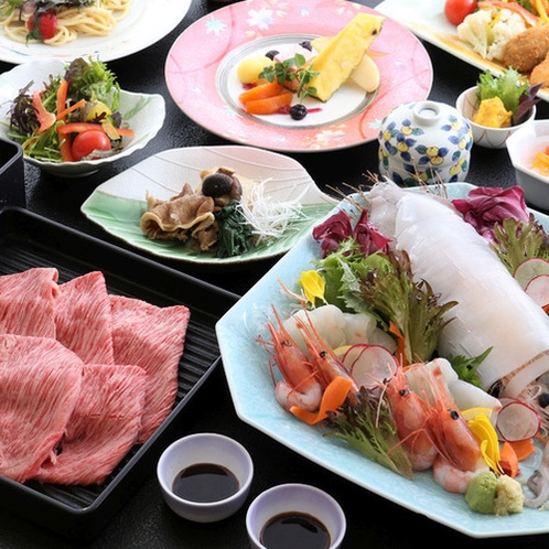（7月～8月ご提供のご夕食）鳥取県産白イカ姿お刺身造りと鳥取和牛しゃぶしゃぶ