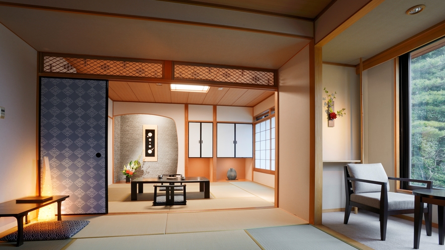 【和室特別室「神島」】伊勢木綿や伊勢型紙をしつらえた室内で、三重の文化・歴史を感じられる客室。