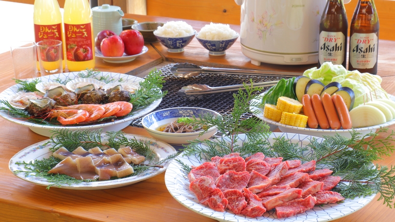 【グレードアップBBQ】豪華『焼き蟹＆焼きイカ』が付いた！海の幸×高原野菜×和肉！贅沢BBQプラン！
