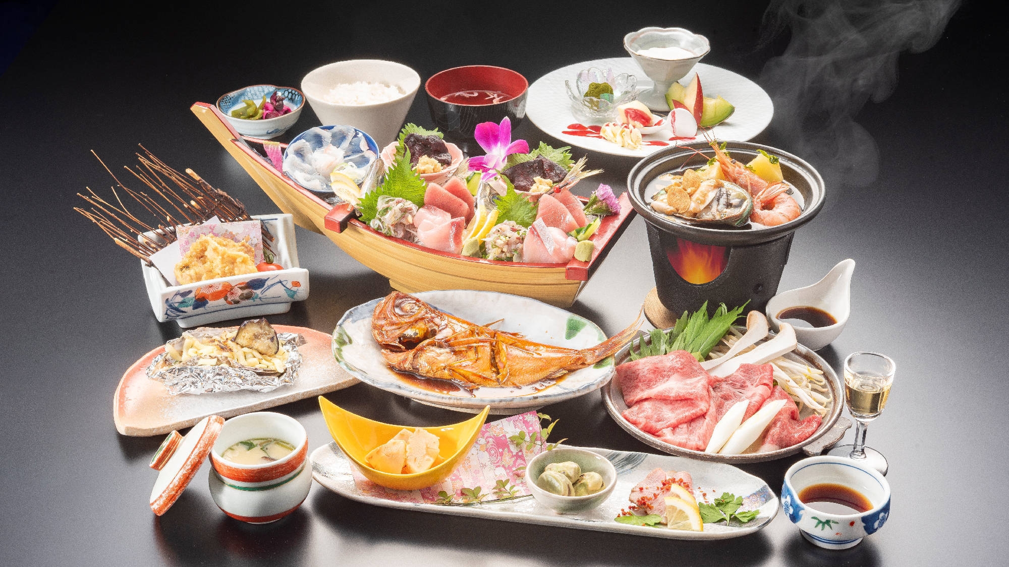 【料理長厳選！昇鶴会席（基本会席）】旬の地魚舟盛・金目鯛・黒鮑・上総和牛（A5）など海と山の幸を満喫