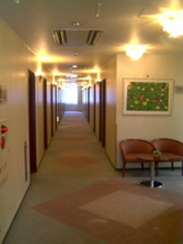 各階異なる絵画が掛けられている廊下の風景