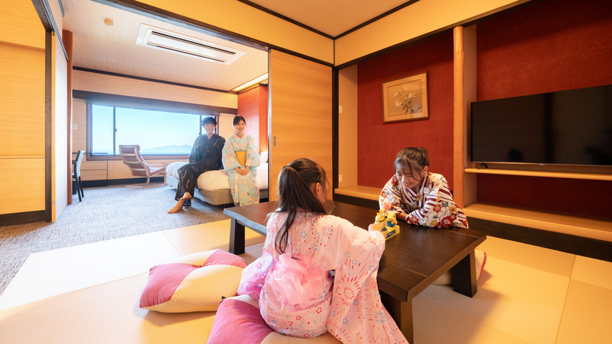 【オーシャンビューバス付和洋室】広々とした畳敷きの快適空間で遊んで、ふかふかのベッドで一休み♪