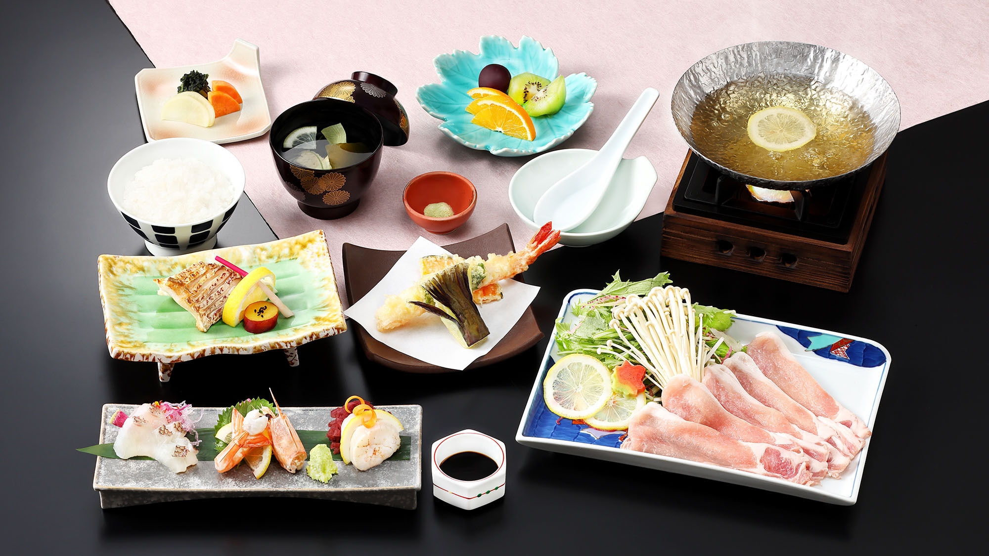 【半個室で夕朝食】お料理少なめ選べる御膳プラン　和牛そずり鍋 又は ピーチポークのレモンしゃぶしゃぶ