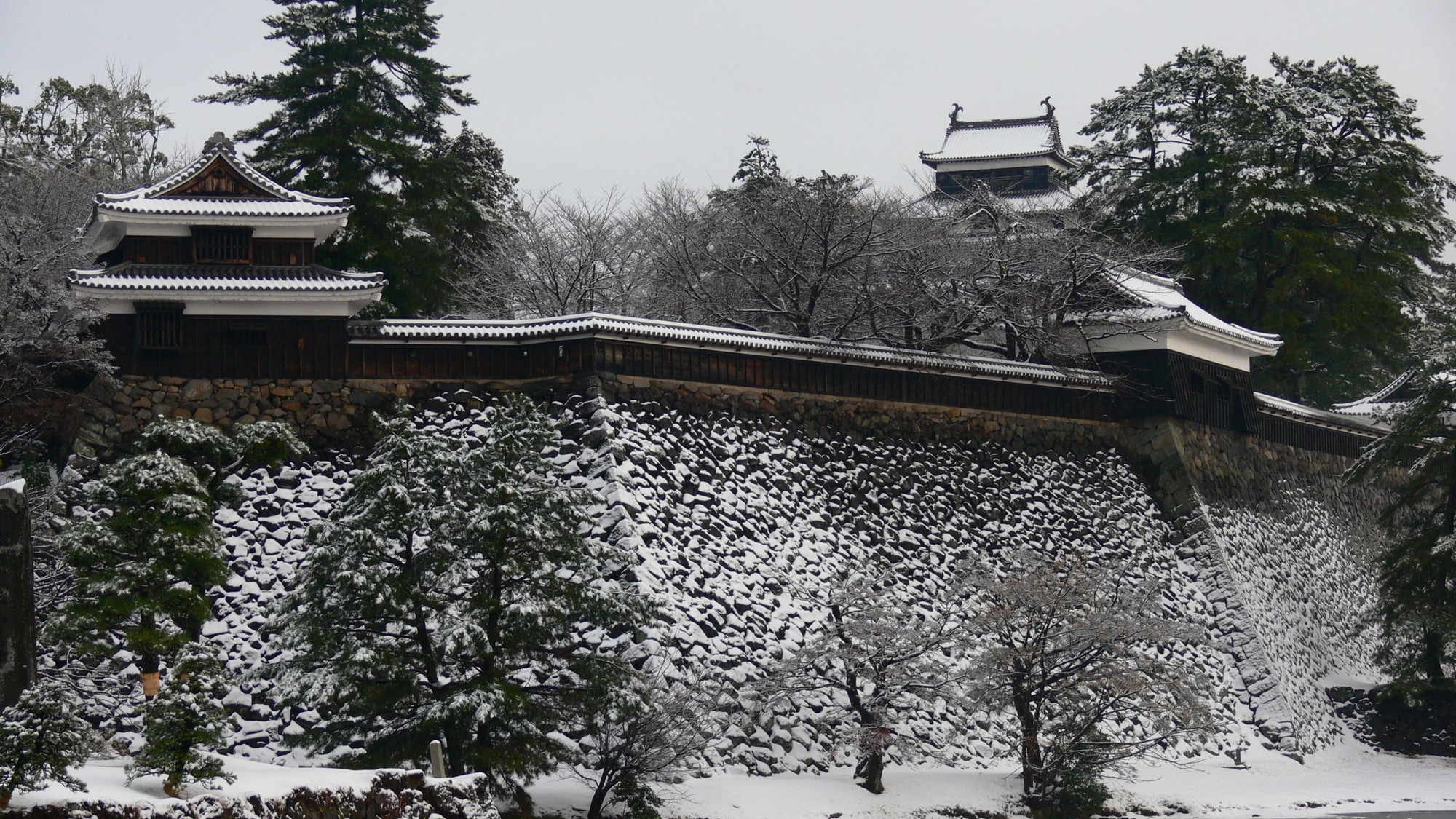 松江城も冬化粧をうっすらと。