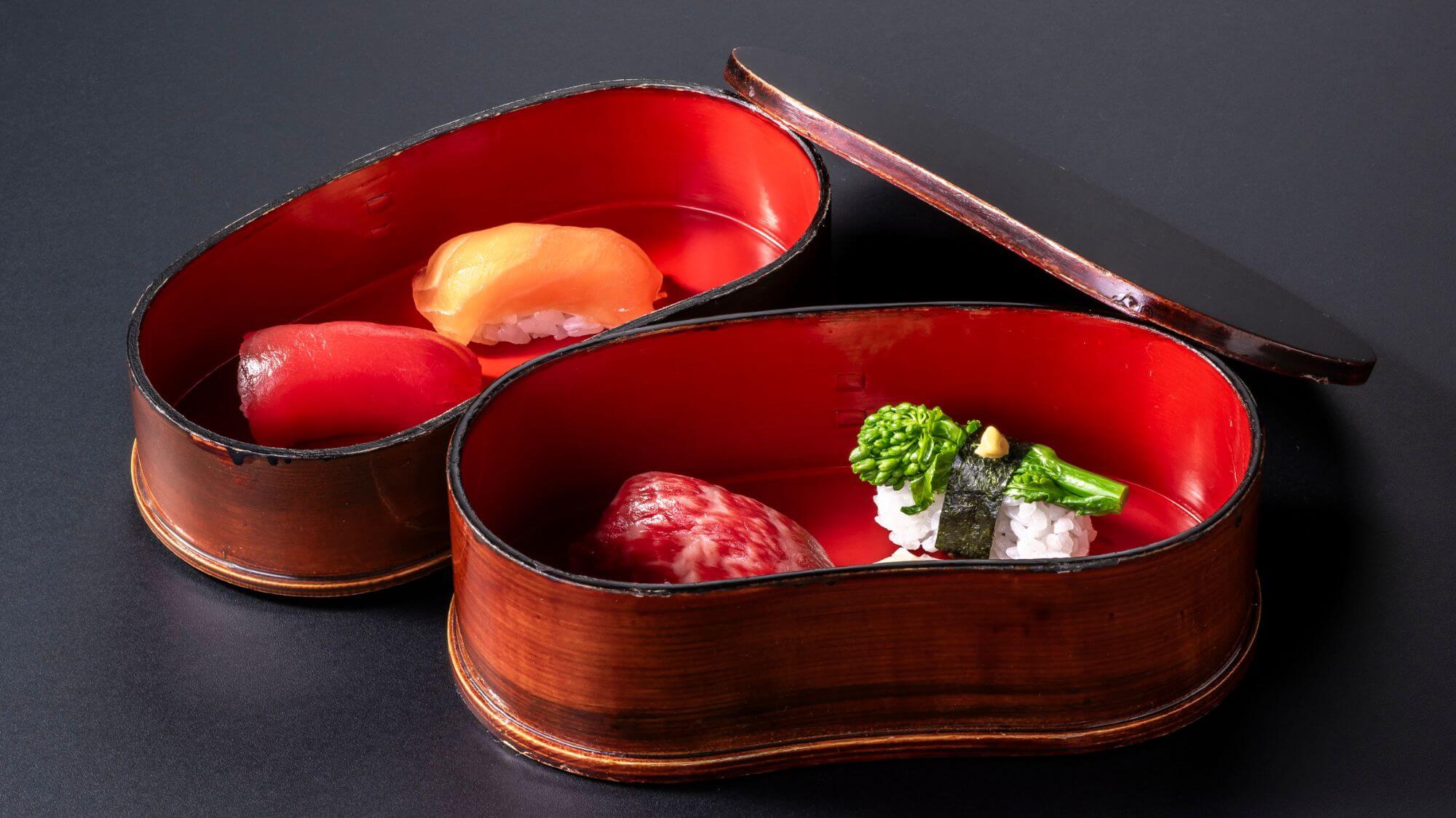 【春の篝火膳】甲州牛・日本近海産生本マグロ・季節の変わり寿司の三種の握り。