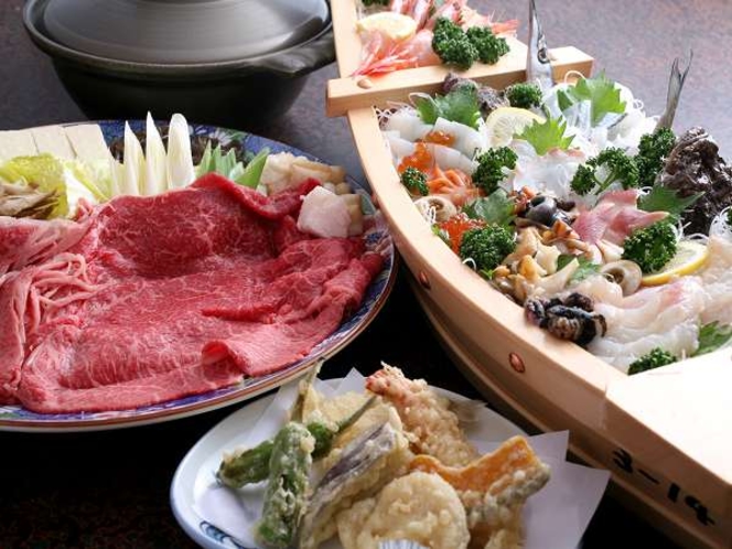 和牛すき焼き・鮮魚の舟盛・天ぷらの３点