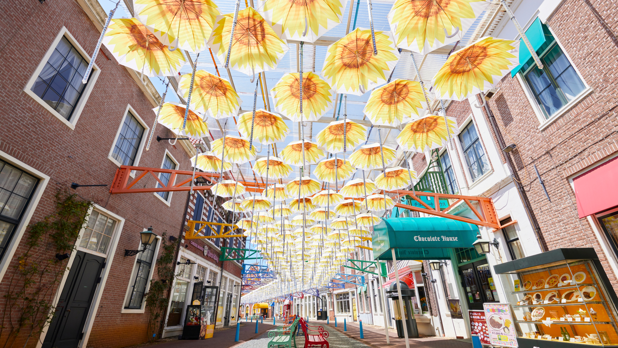 眩しい日差しを浴びるひまわり柄のアンブレラストリート。