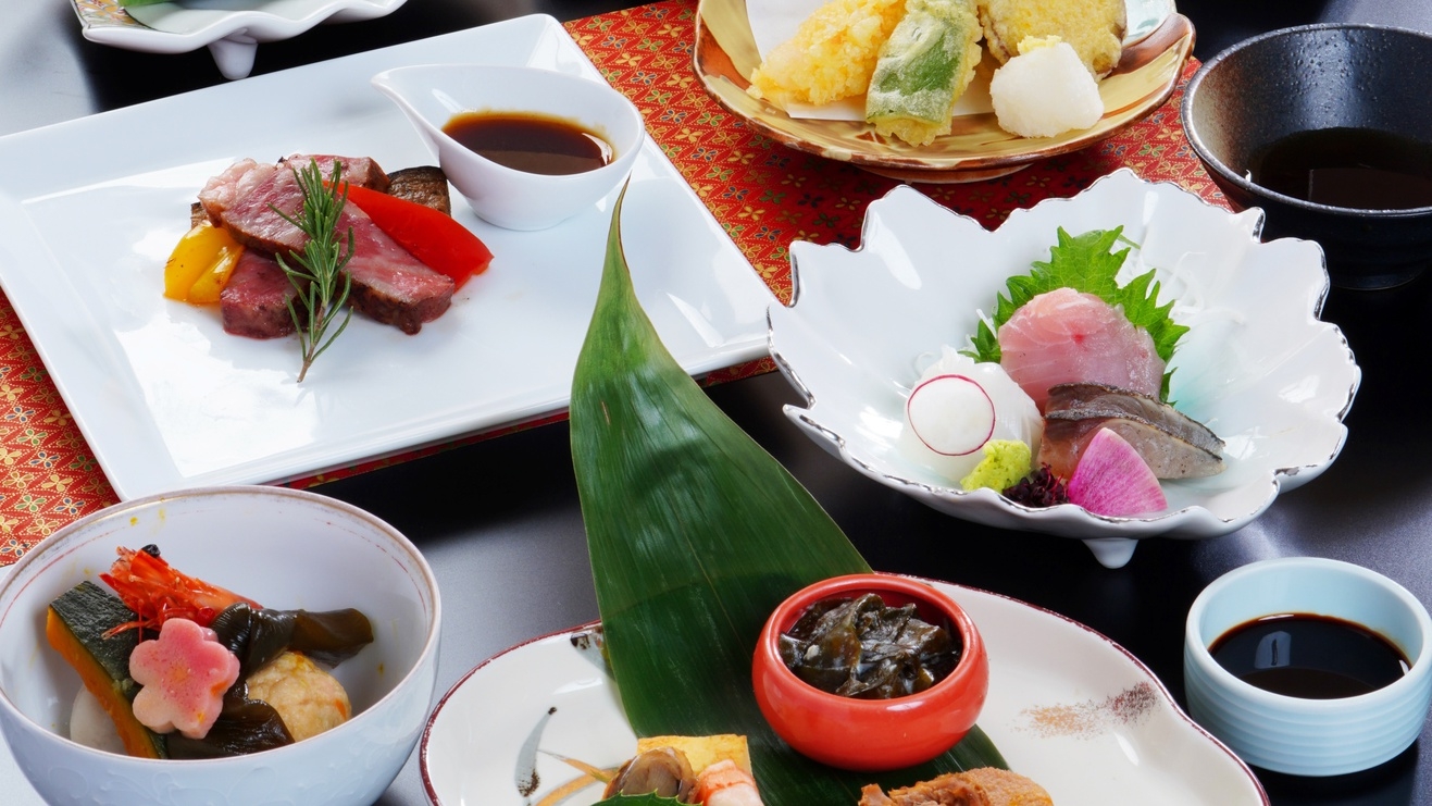 【プレミアム２食付】グルメを満喫したい方へ！和食会席　『すさのお』・牛ステーキ付＜全11品＞