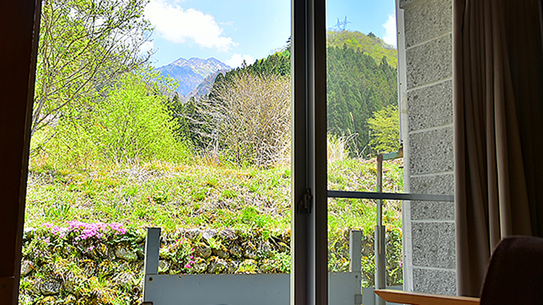 温泉まで歩いて約20歩部屋からの野山