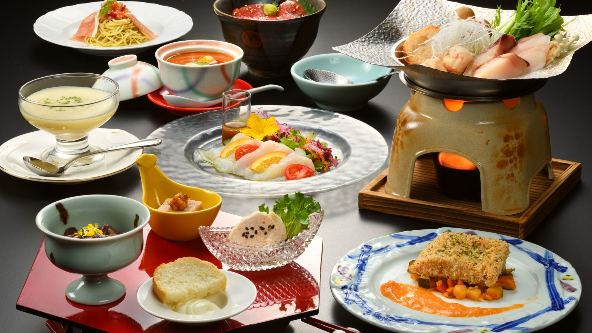 料理人が鉄板焼きでメインをご用意する鉄板焼き会席の基本膳（2025.10月～盛付例）