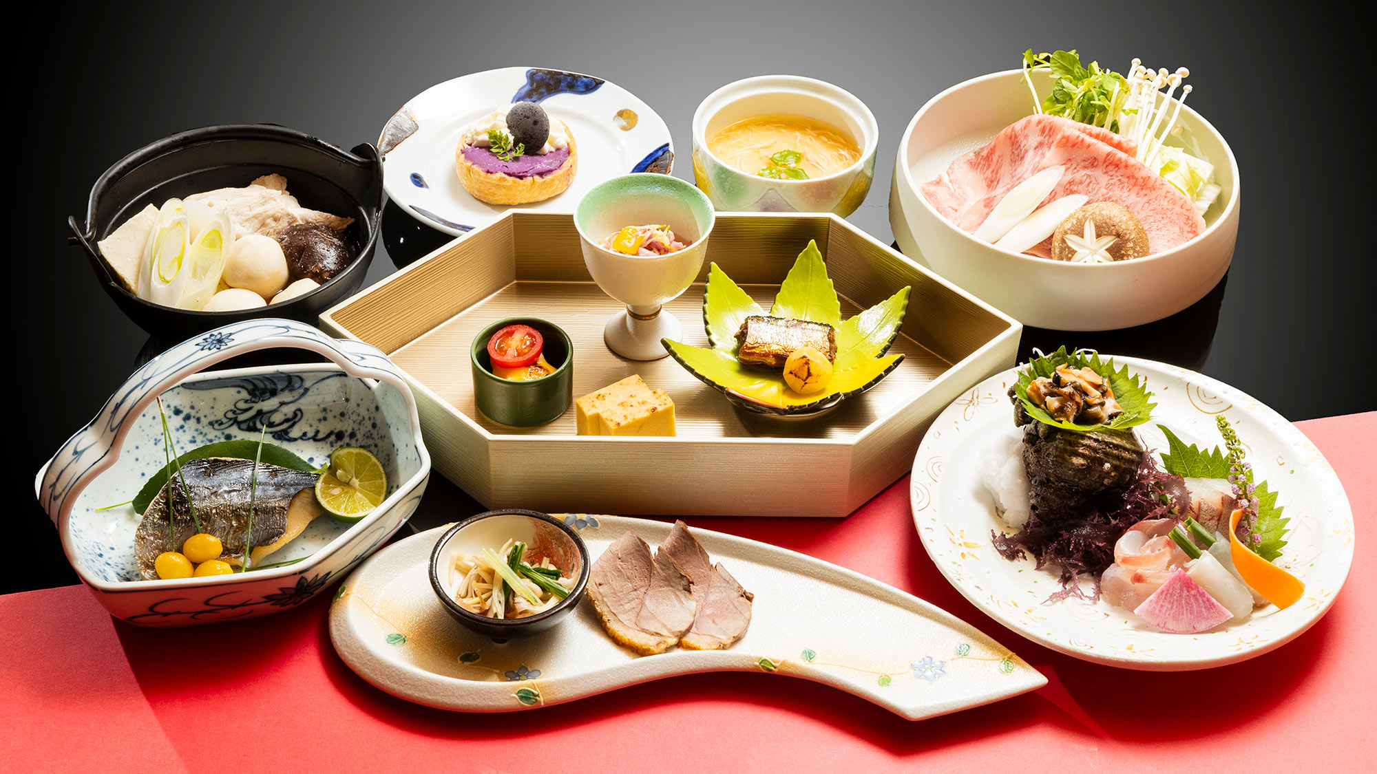 ・【潮彩】9品目程の会席コース料理。季節の食材を使った手作り料理に舌鼓♪（一例）