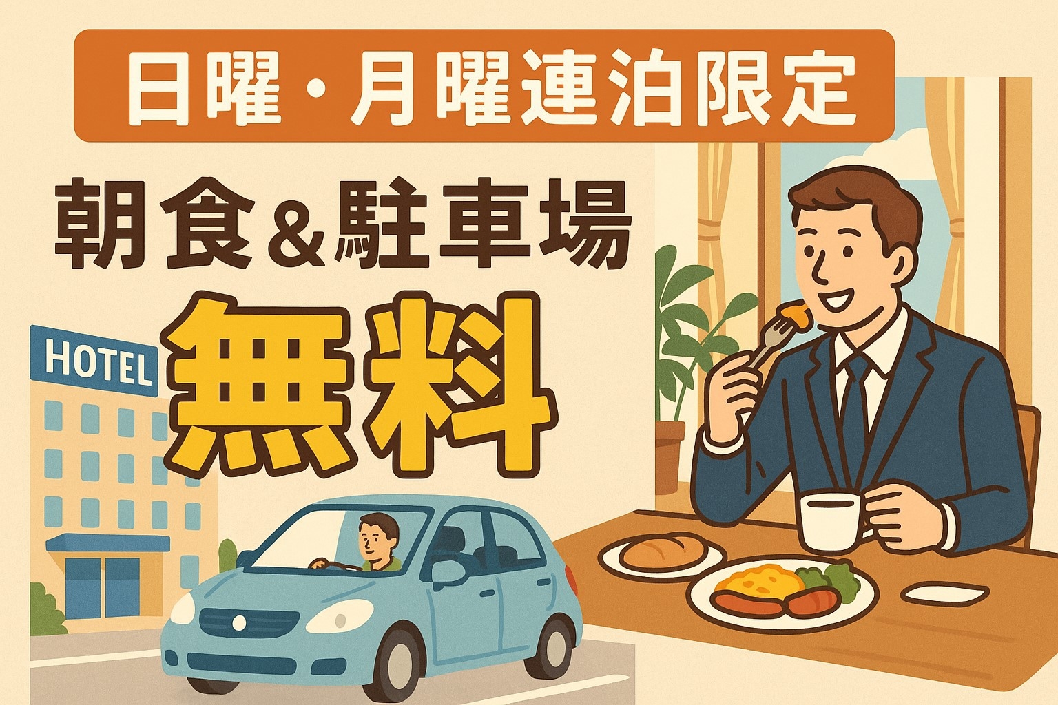 【週明けがお得】日曜＋月曜のご宿泊で朝食と駐車場が無料！