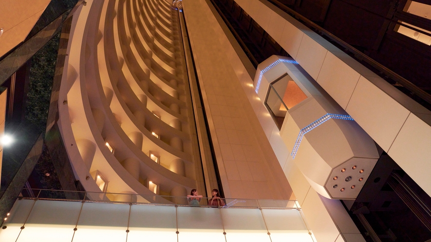 【エレベーター】ロビーは高層階まで吹抜けとなっており、エレベーターから筒状の構造が感じられる。