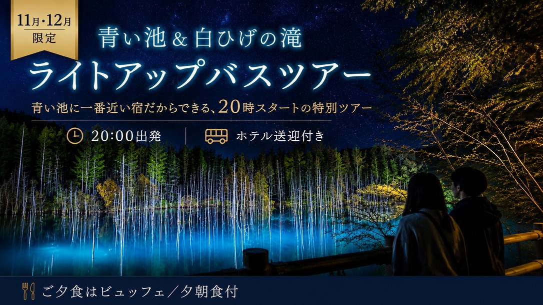 【11月・12月限定】青い池＆白ひげの滝ライトアップバスツアー！夕食は地元食材のビュッフェ／夕朝食付