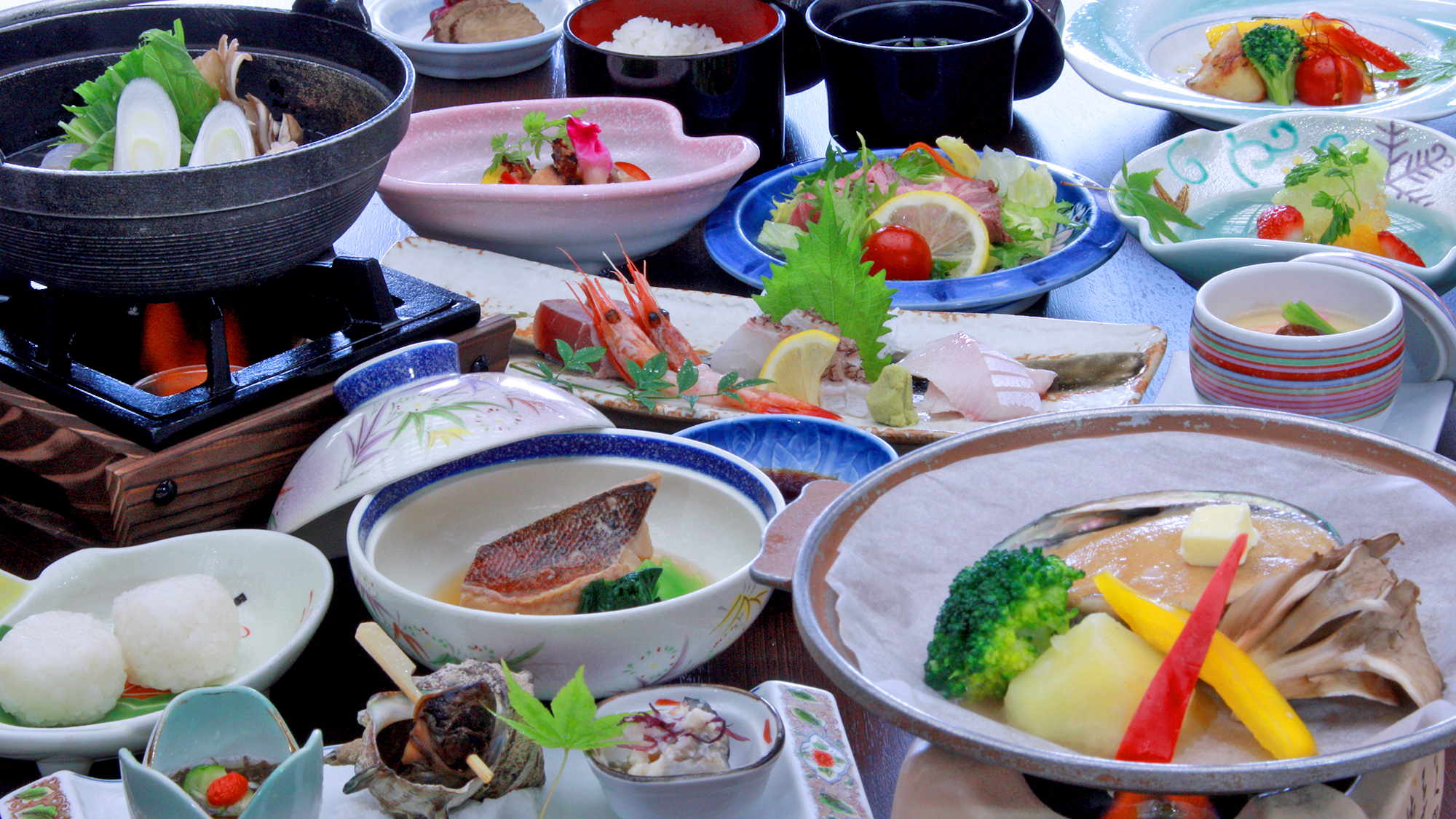 アワビ陶板蒸し付、季節の海鮮和食膳