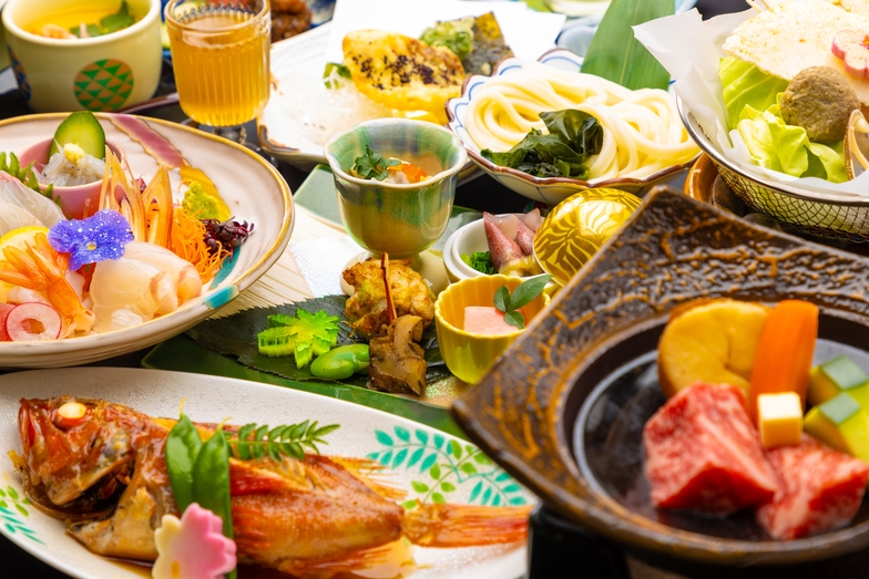 【迷ったらコレ！春のスタンダード】みかわ牛陶板焼＆がまごりうどん風鍋＆鮮魚５種盛♪３〜５月の竹島会席