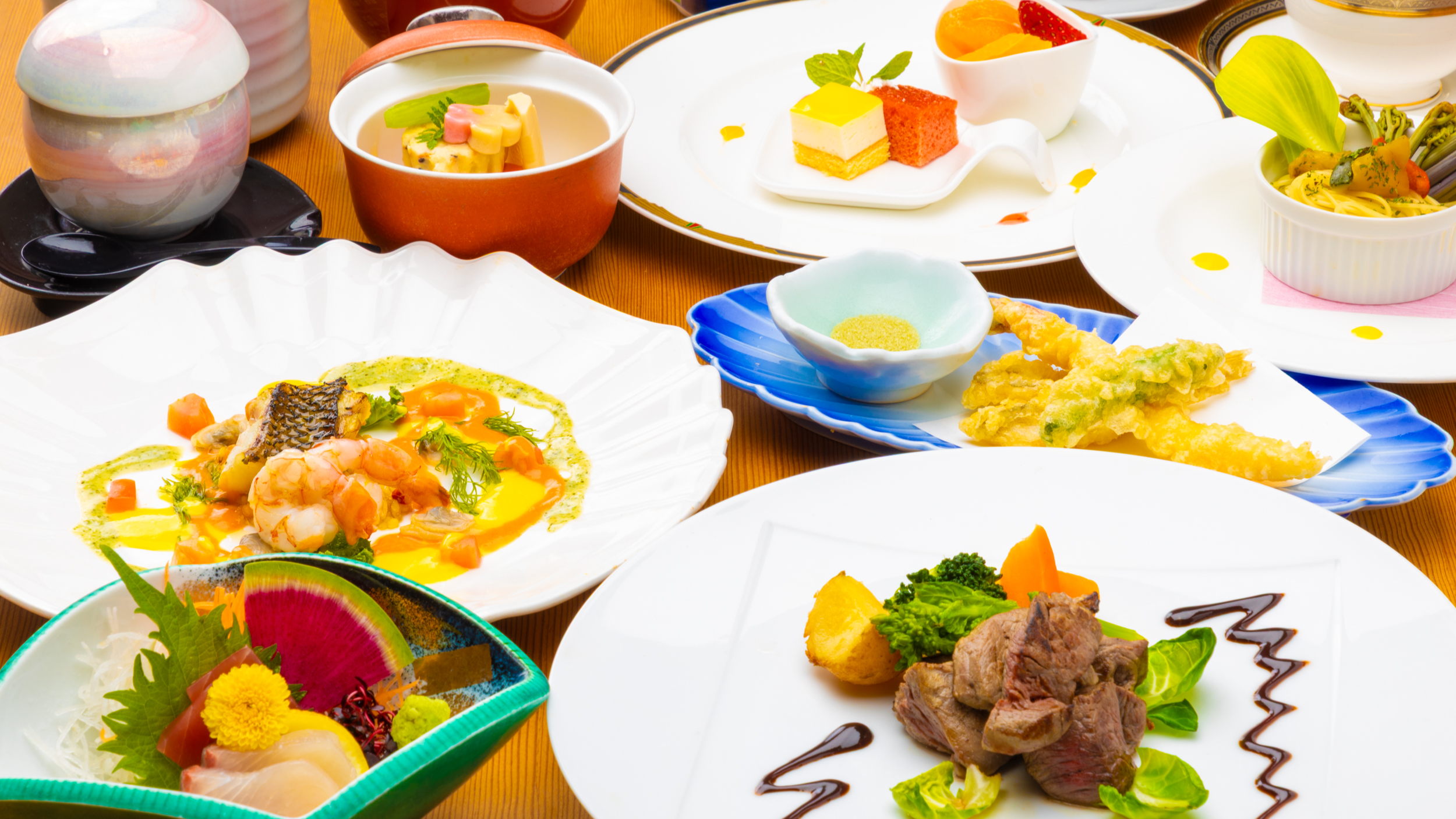 ～旬の食材を春のリーズナブル和洋折衷コース～　牛ステーキや新鮮お刺身など和食も洋食もお手軽に楽しめる